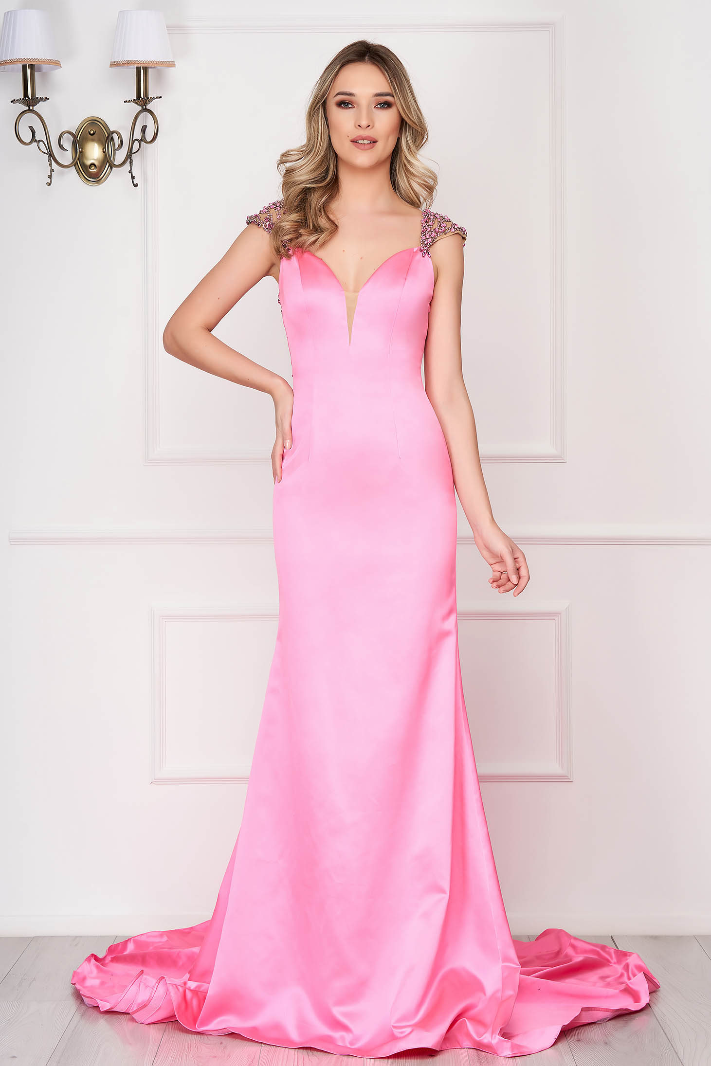 Sherri Hill pink dress luxurious long mermaid cut strass with braces with a cleavage 1 - StarShinerS.com