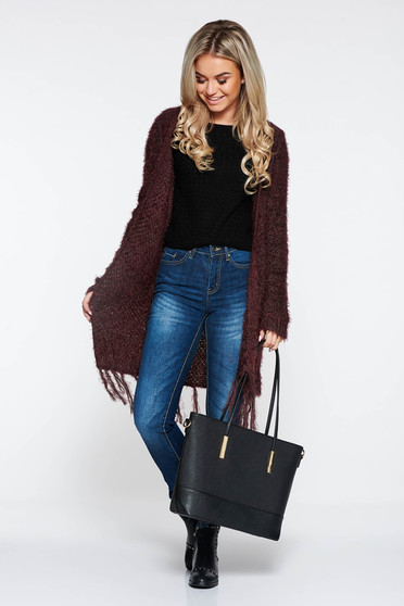 Top Secret burgundy casual knitted cardigan with fringes at the bottom