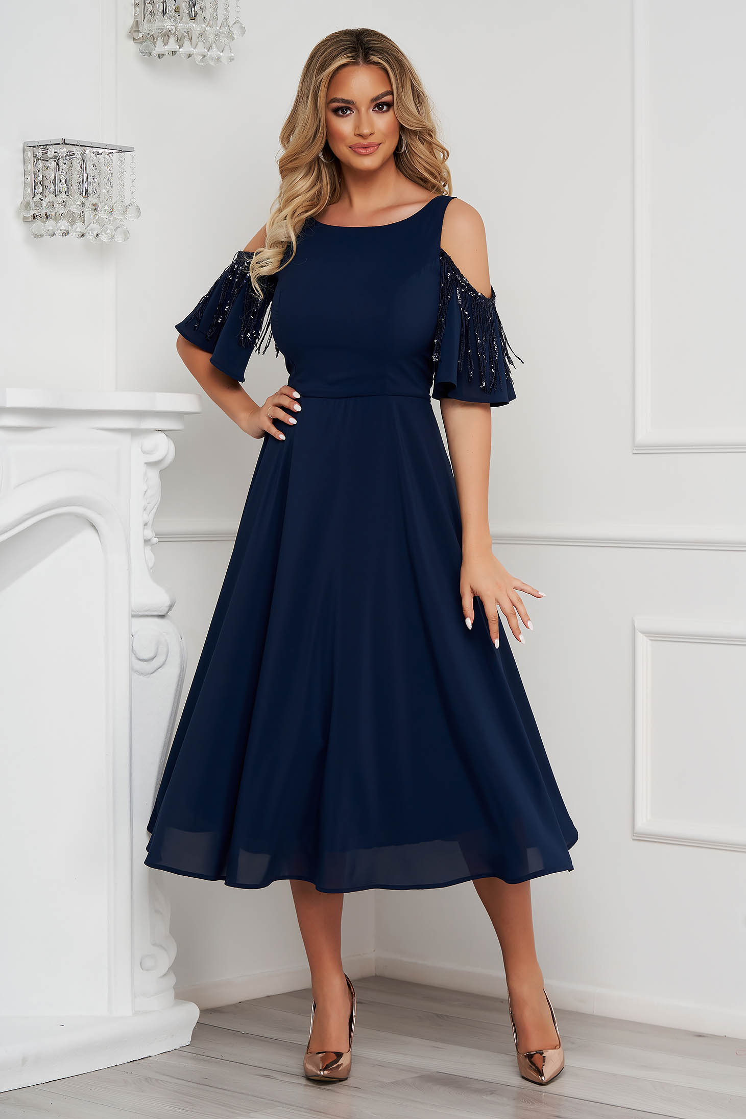 Mid-length Dark Blue Chiffon Dress with Sequin Applications - StarShinerS Flared