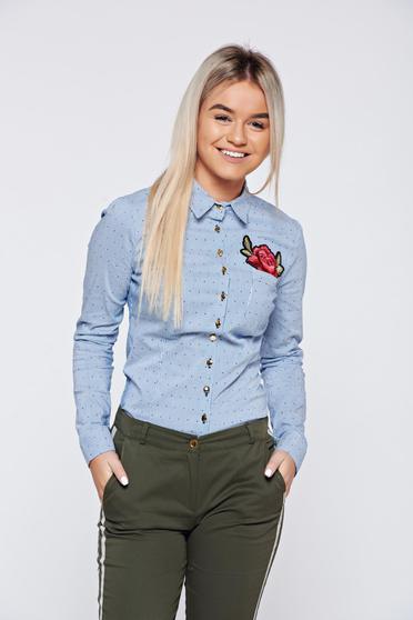 Fofy blue cotton office women`s shirt with embroidery details