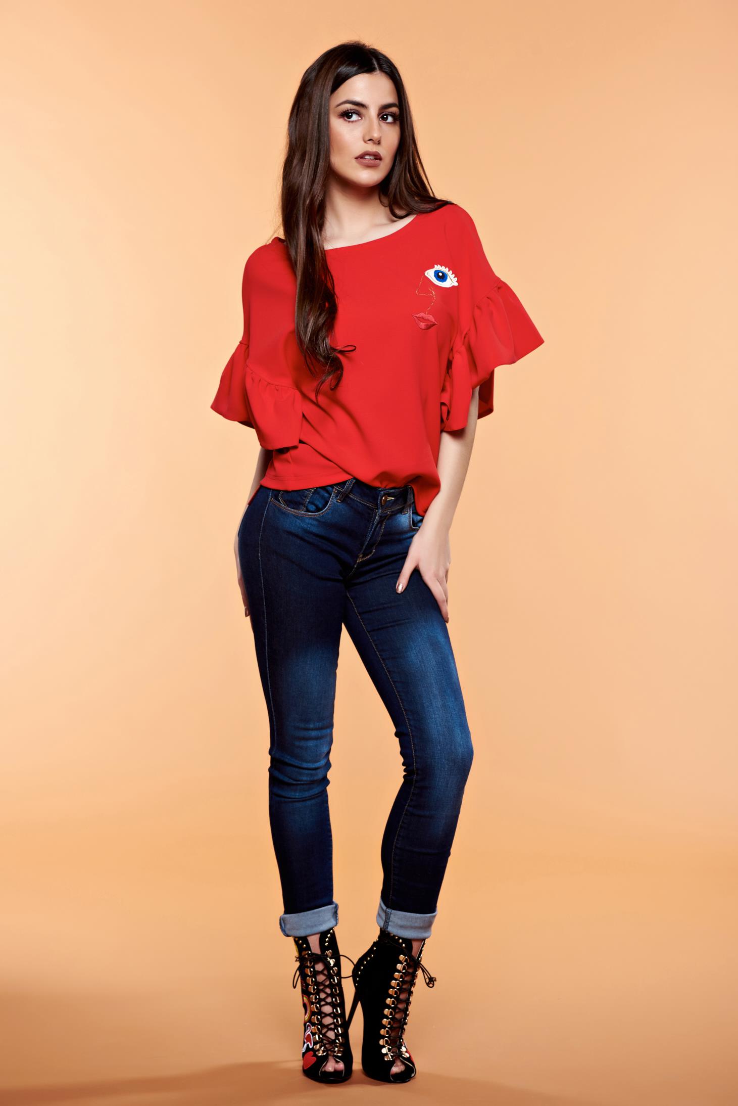 Bluza dama brodata StarShinerS rosie cu maneci tip fluture
