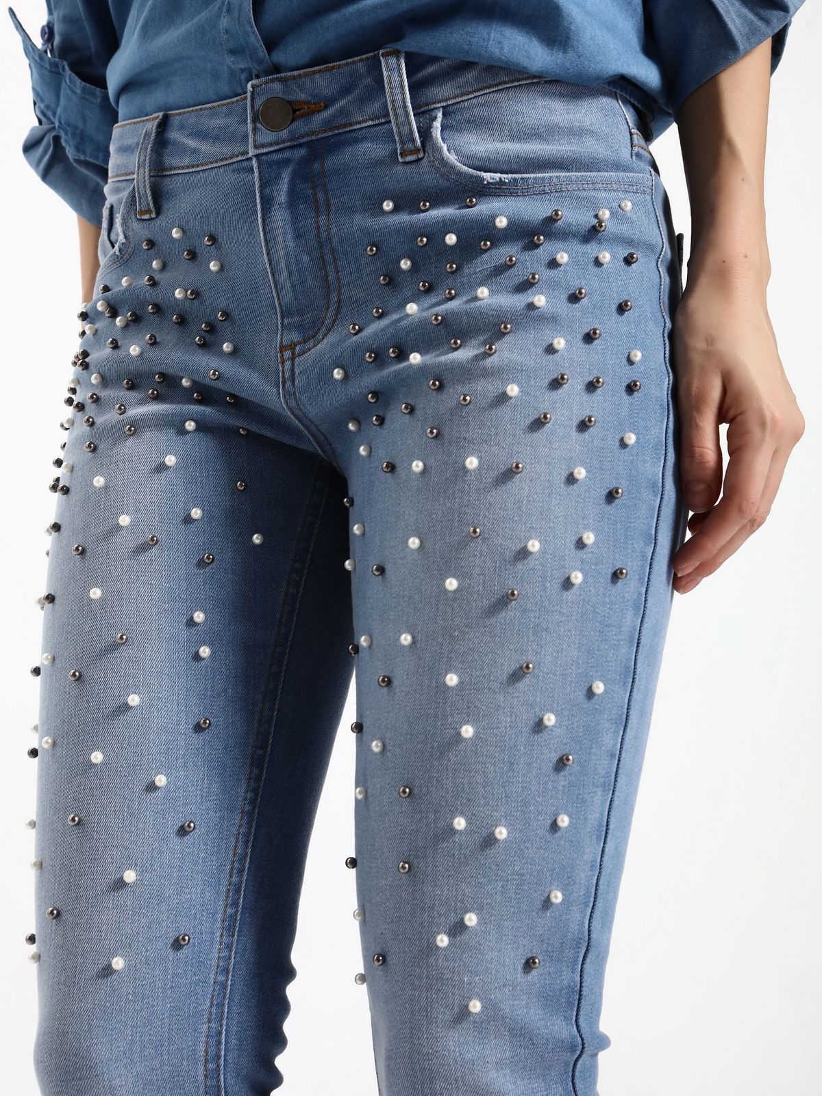 Top Secret blue skinny jeans jeans with pockets and pearl embellished ...