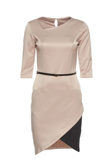 PrettyGirl cream asymmetrical dress accessorized with belt