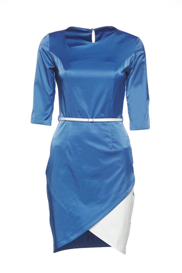 PrettyGirl blue asymmetrical dress accessorized with belt