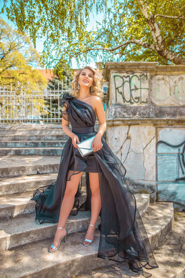One shoulder Ana Radu black evening net dress