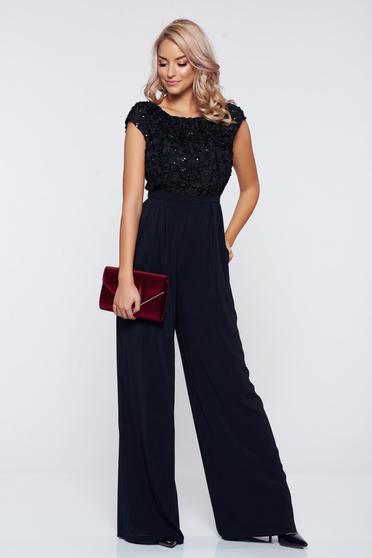 Long StarShinerS black occasional jumpsuit with short sleeves