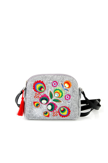 Grey embroidered bag with long, adjustable handle