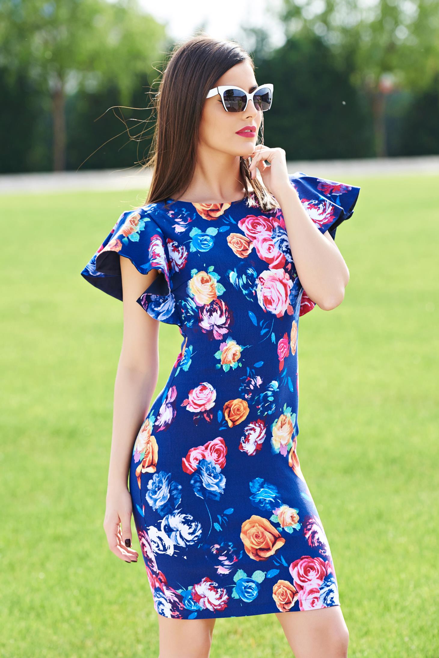 Rochie tip creion StarShinerS albastru-inchis cu imprimeuri florale