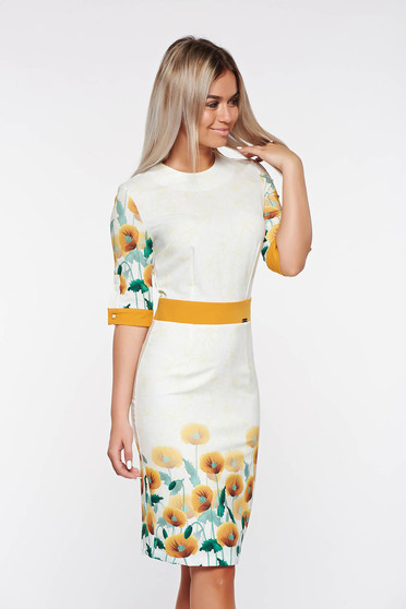 PrettyGirl yellow pencil dress with floral print and 3/4 sleeve