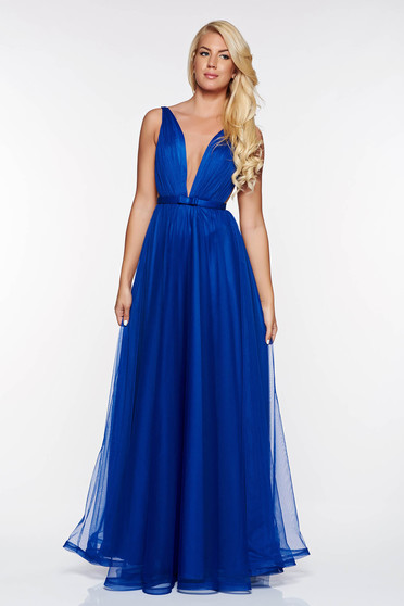 Ana Radu occasional net blue dress with v-neckline and bow accessory
