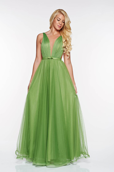 Ana Radu occasional net darkgreen dress with v-neckline bow accessory