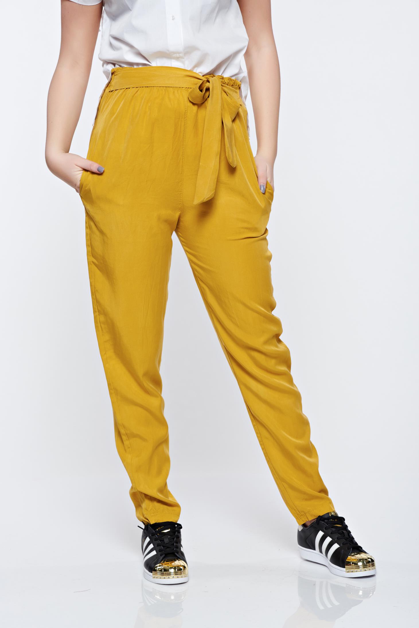 Mustard Yellow elastic waist trousers with pockets 1 - StarShinerS.com