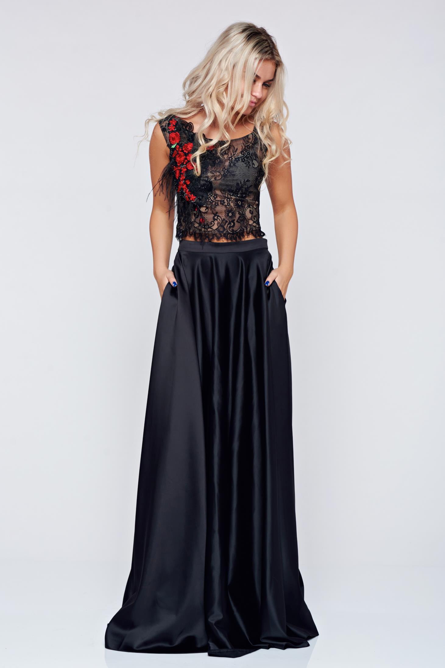 Set LaDonna negru brodat din material satinat