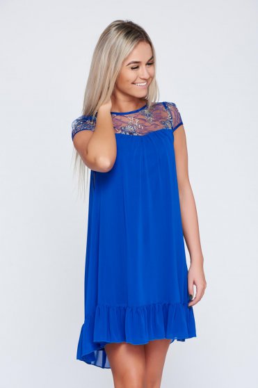 Fofy blue voile fabric elegant dress with lace details