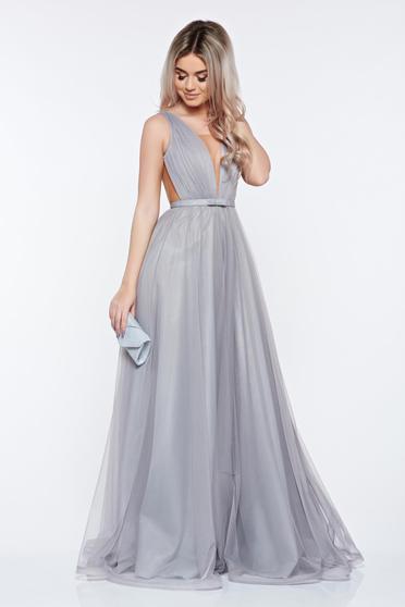 Ana Radu occasional net grey dress with v-neckline bow accessory