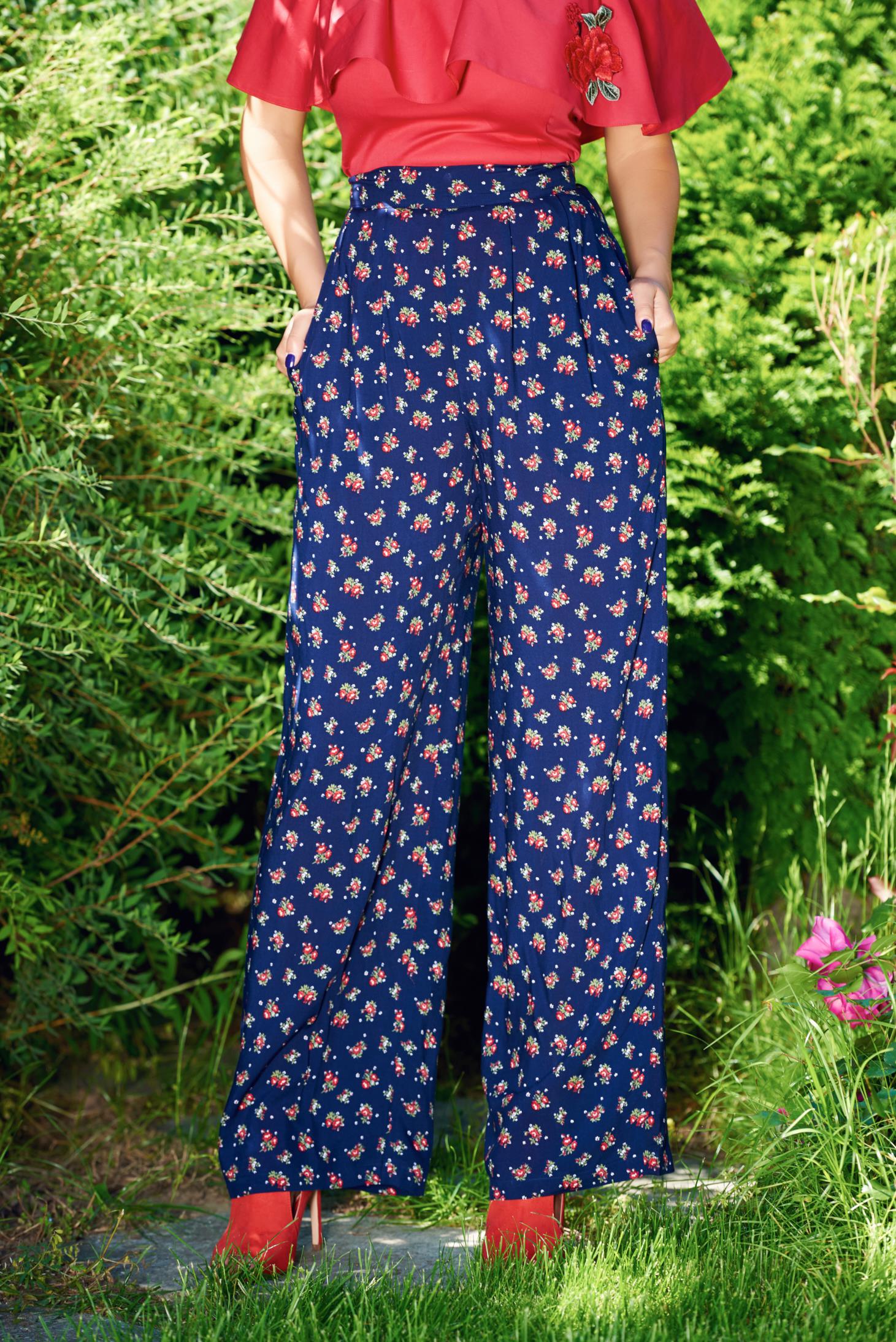 Pantaloni StarShinerS albastri cu talie inalta cu buzunare