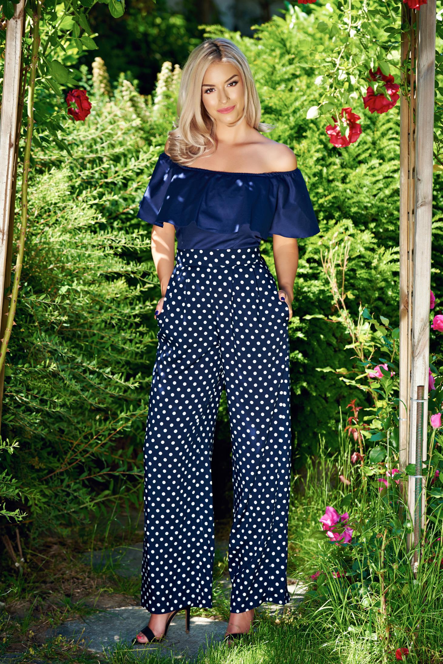 Pantaloni StarShinerS albastru-inchis cu talie inalta cu buzunare