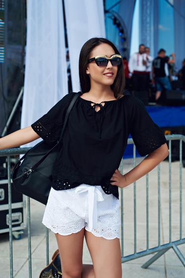 Casual black cotton women`s blouse with ribbon fastening