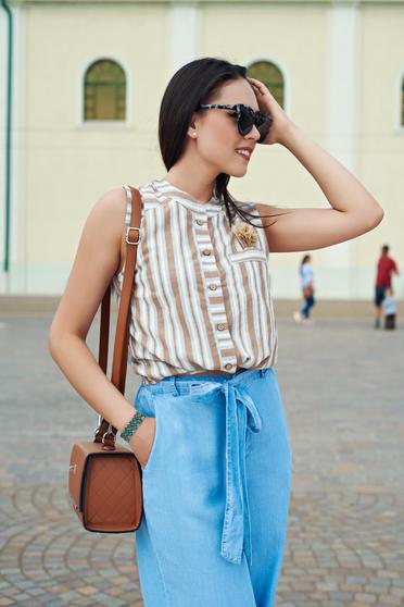 Brown short casual women`s shirt with stripes