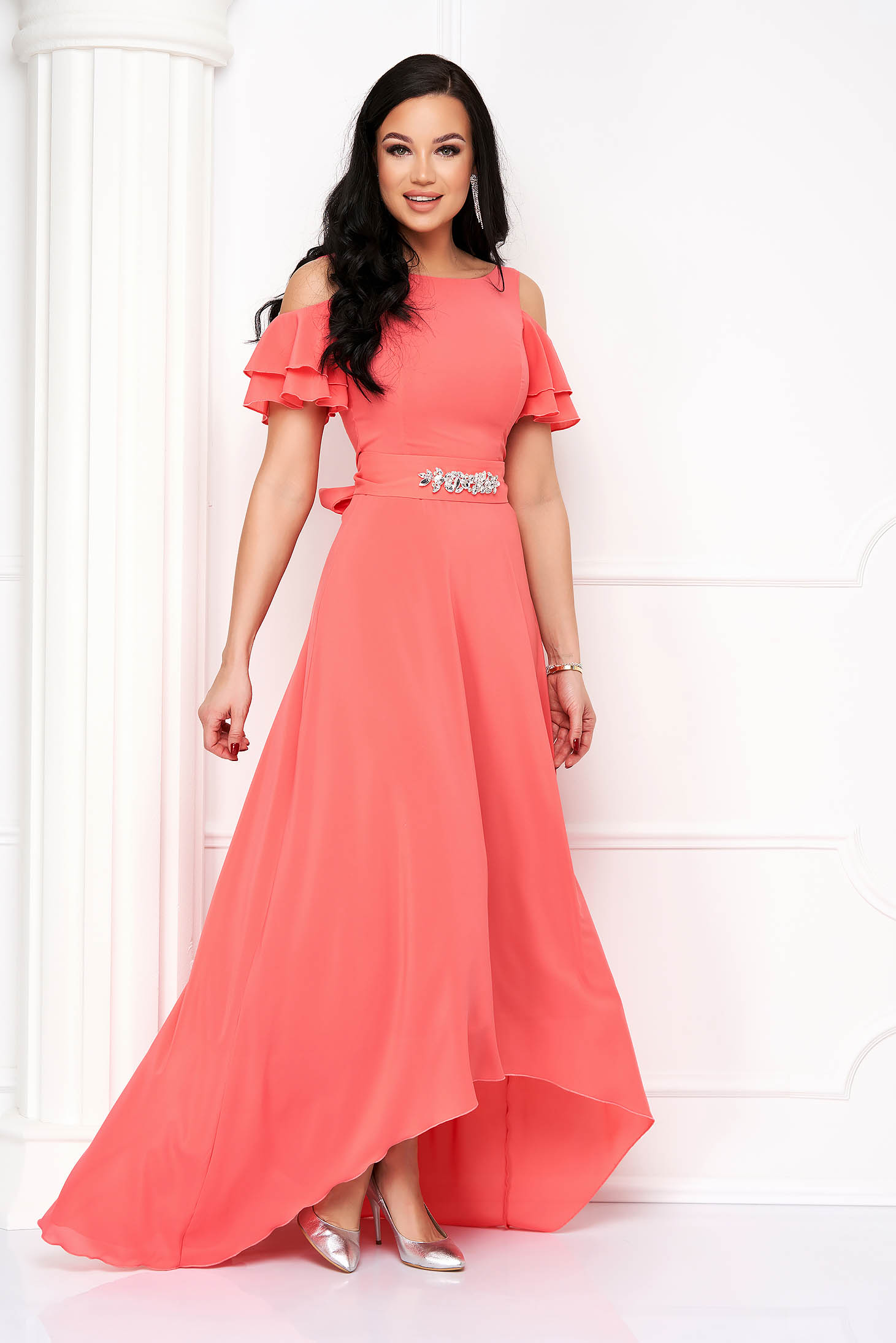 Asymmetrical Long Coral Veil Dress with Cut Shoulders - StarShinerS 1 - StarShinerS.com