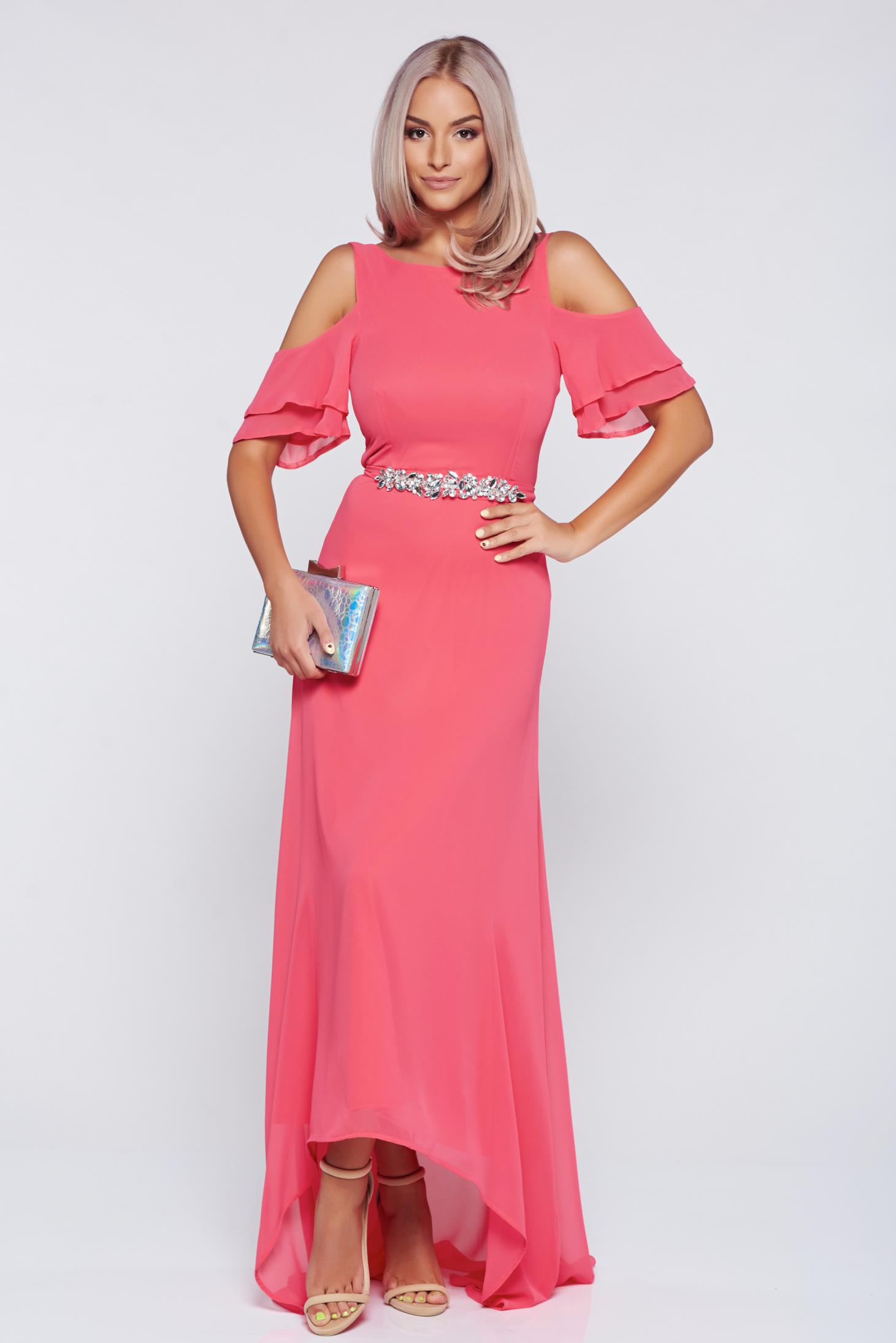 Rochie StarShinerS corai de ocazie cu umeri decupati