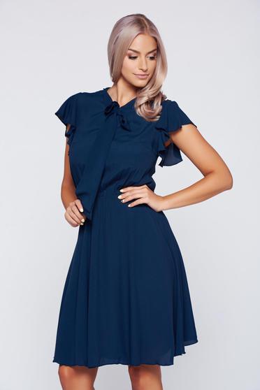 PrettyGirl darkblue voile fabric dress elastic waist with butterfly sleeves