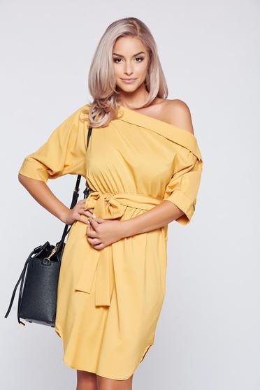 PrettyGirl yellow casual flared dress accessorized with tied waistband
