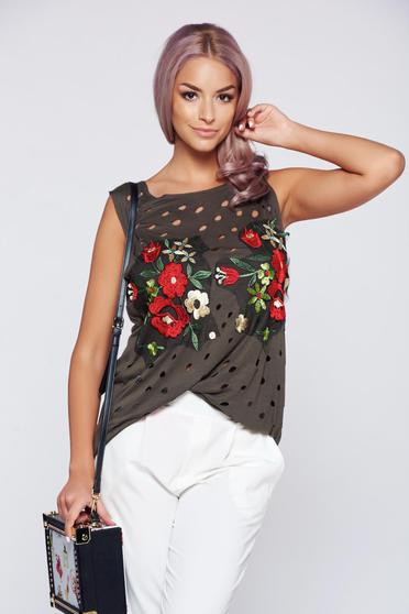Ocassion darkgreen easy cut top with embroidery details