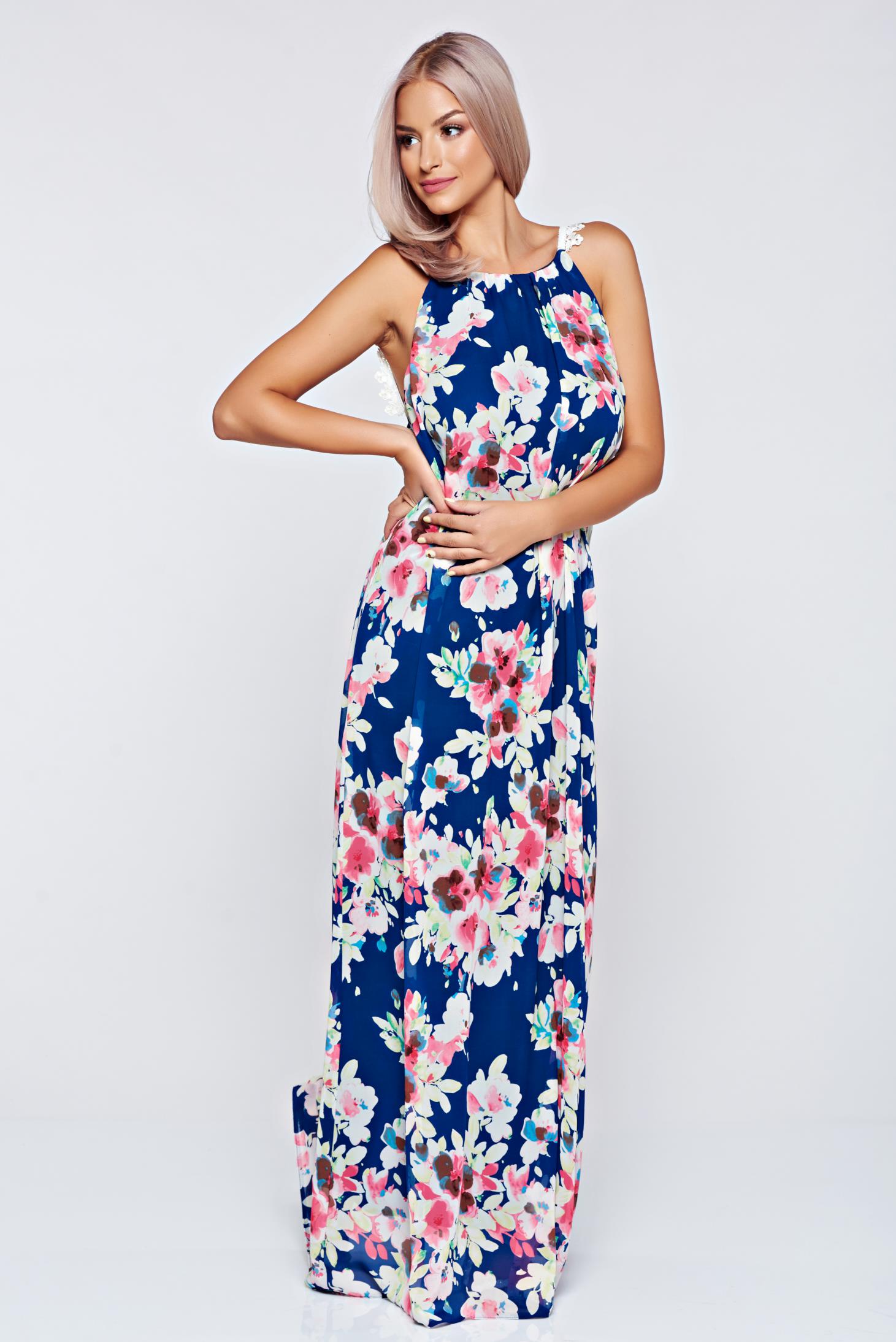 Rochie StarShinerS albastru-inchis din voal fara maneci captusita pe interior