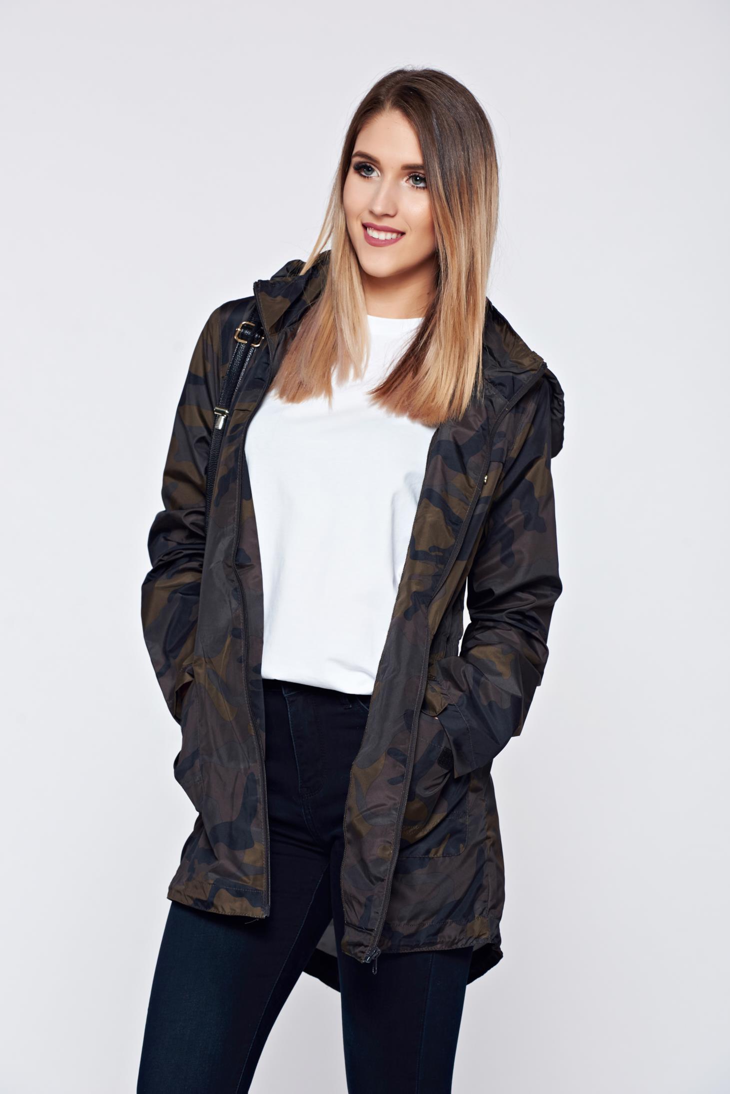 Geaca Top Secret khaki casual cu croi asimetric cu print