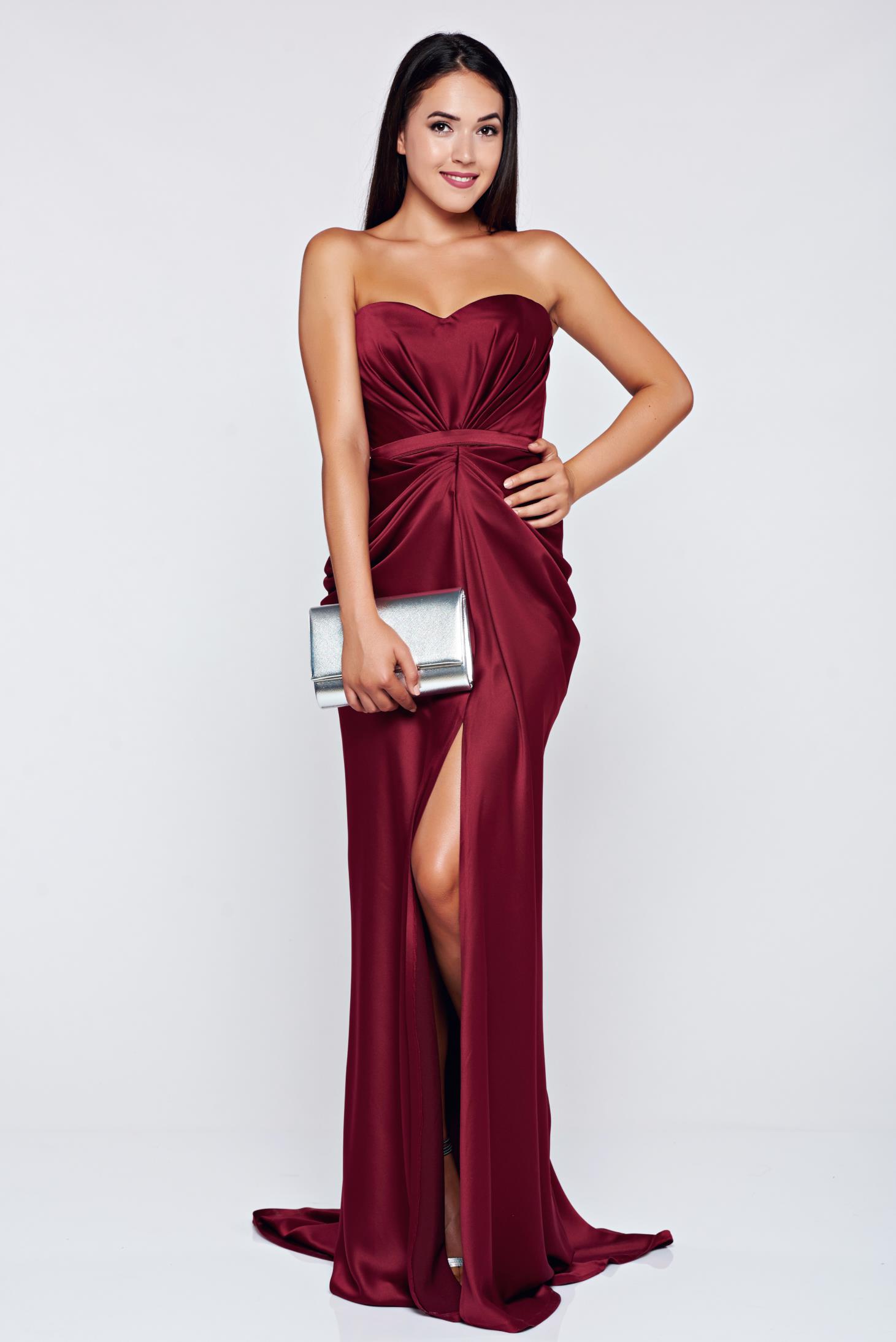 Ana Radu luxurious off shoulder dress from satin fabric texture with  push-up bra accessorized with tied waistband white