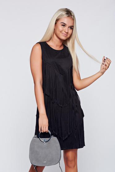Black velour sleeveless dress has fringes