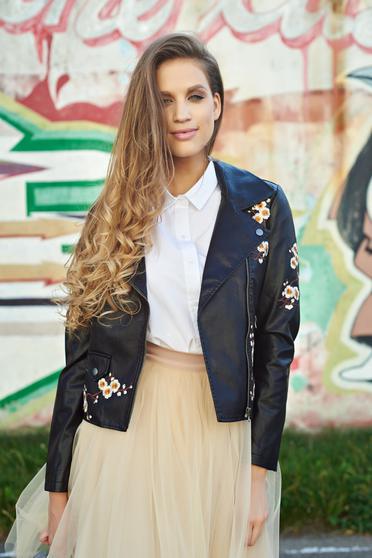 Casual ecological leather black jacket with embroidery details