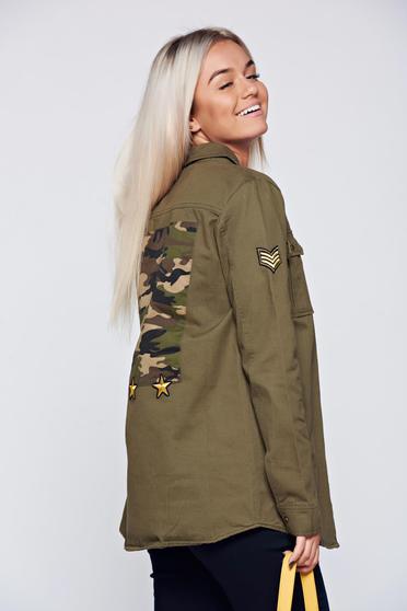 Green casual cotton women`s shirt with long sleeve