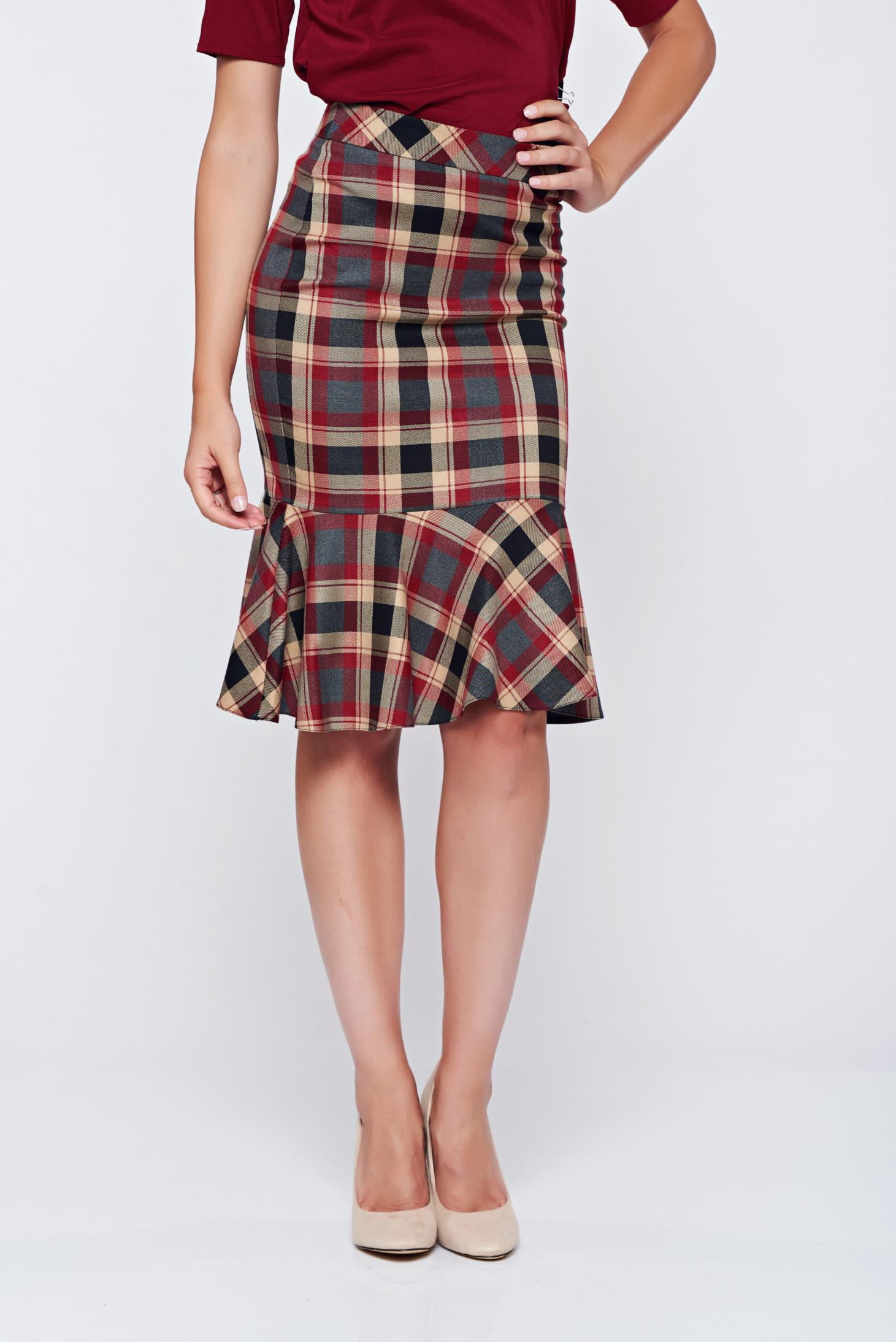 LaDonna office pencil plaid fabric with ruffle details red skirt 1 - StarShinerS.com