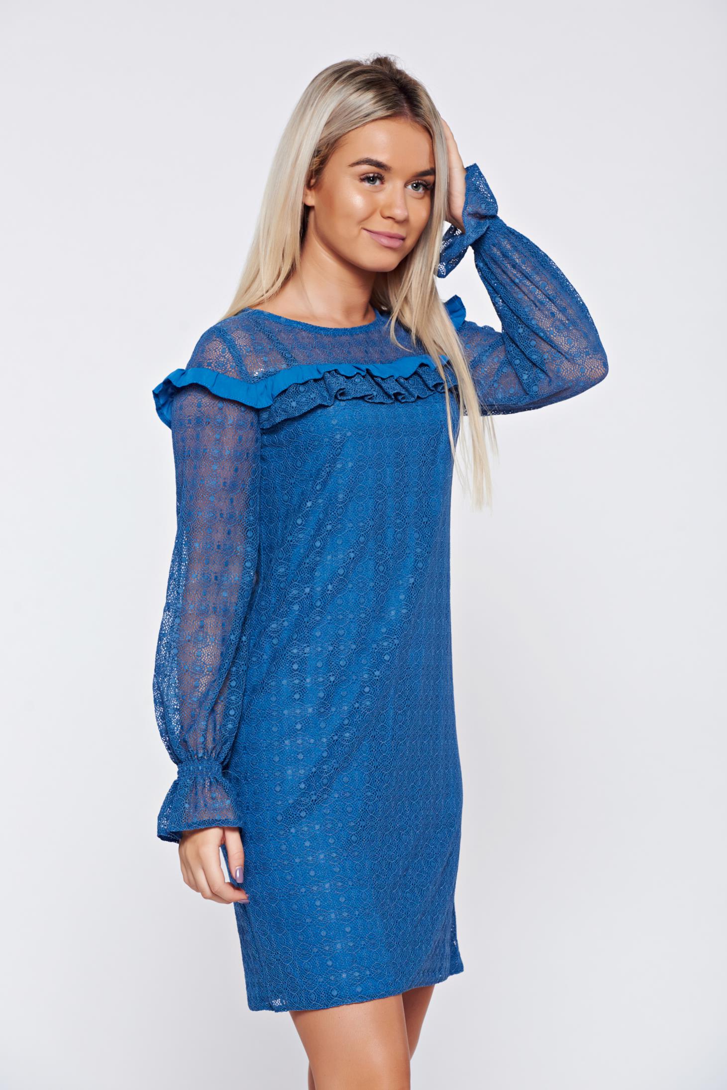 Rochie LaDonna albastra eleganta din material dantelat cu volanase