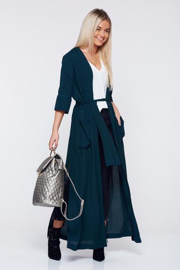 PrettyGirl long darkgreen casual jacket accessorized with tied waistband