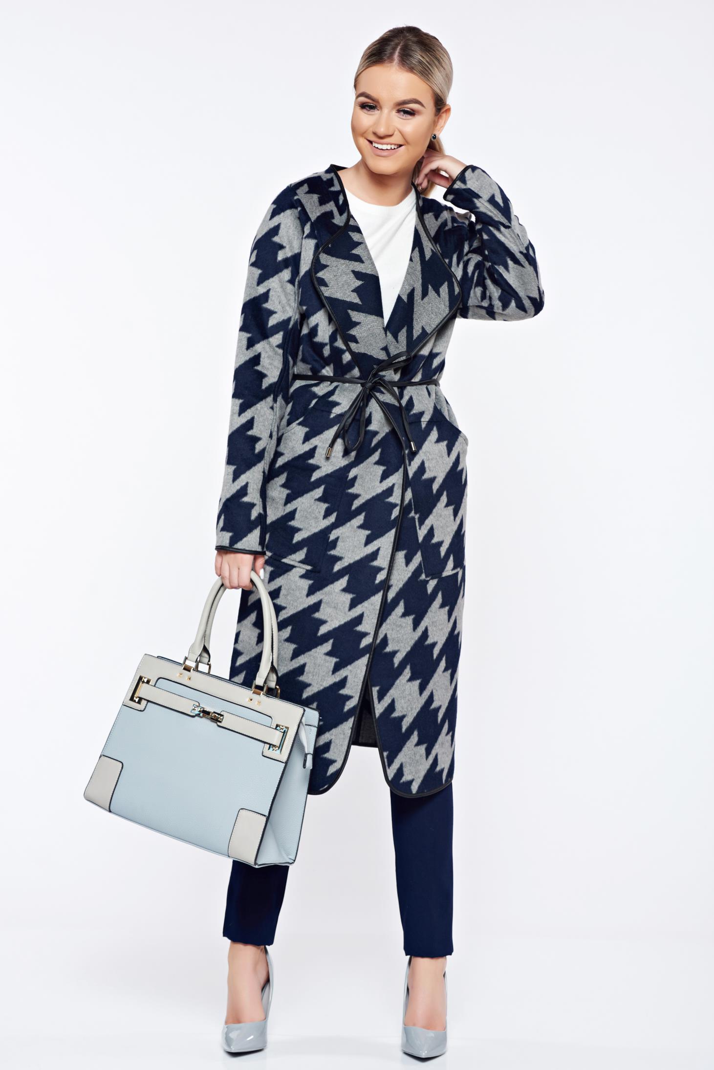 Palton Top Secret albastru-inchis casual drept cu imprimeuri grafice
