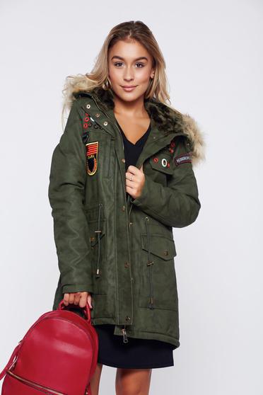 Darkgreen casual jacket with faux fur lining from ecological leather
