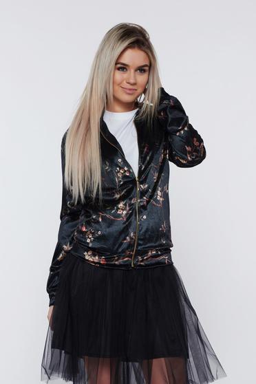 PrettyGirl black casual velvet jacket with floral print