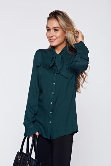PrettyGirl darkgreen elegant women`s shirt with ruffled sleeves