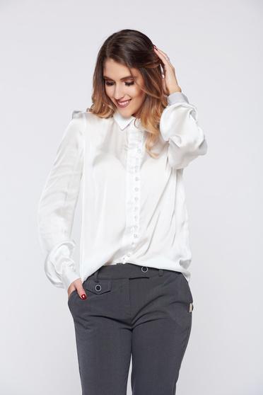 PrettyGirl elegant white women`s shirt with satin fabric texture