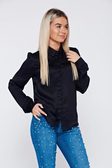 PrettyGirl elegant black women`s shirt with satin fabric texture