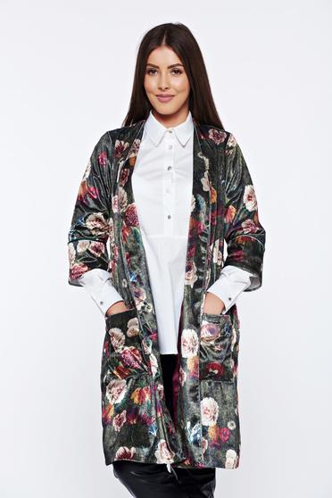PrettyGirl green velvet casual jacket with floral prints