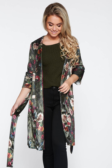 PrettyGirl green velvet casual jacket with floral prints