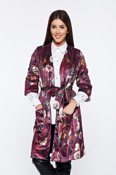 PrettyGirl burgundy velvet casual jacket with floral prints