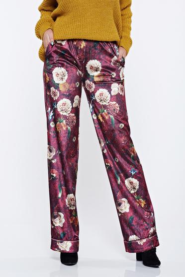 PrettyGirl burgundy casual trousers with medium waist with floral print