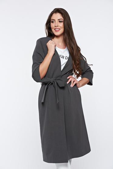PrettyGirl grey office elegant jacket accessorized with tied waistband