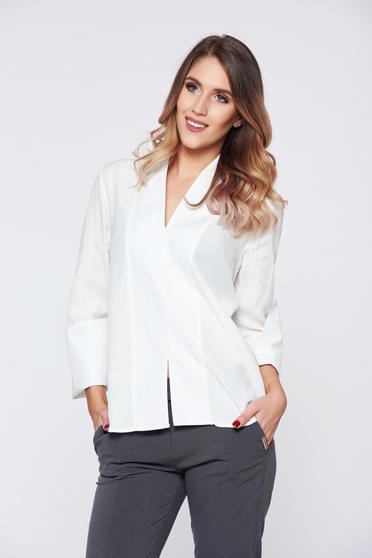 PrettyGirl white office women`s shirt with v-neckline and high collar
