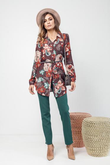 Darkbrown casual easy cut women`s shirt with floral print